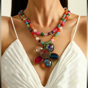 Rainbow Beaded Flower Pendant Necklace – Bold, Colorful & Totally Joyful!
